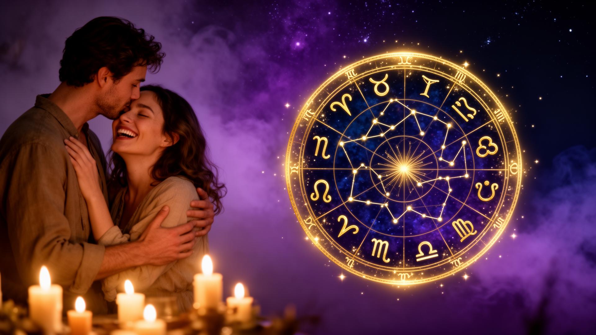 A couple embracing in candlelight beside a luminous golden zodiac wheel suspended in a violet cosmic sky